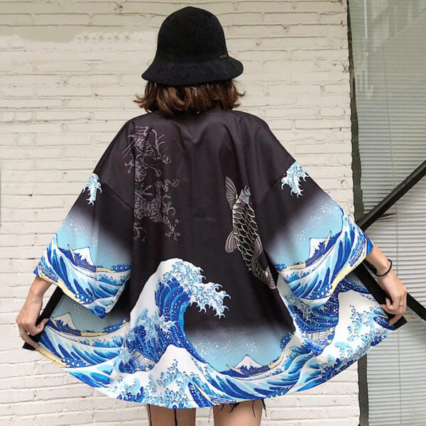 Schwarze japanische Damen Kimono Jacke Wave of Kanagawa