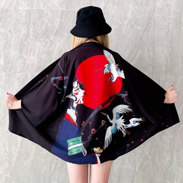 Damen Kimono Jacke mit Kranichen und roter Sonne