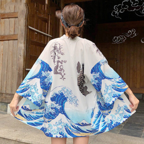 Weiße japanische Damen Kimono Jacke Wave of Kanagawa